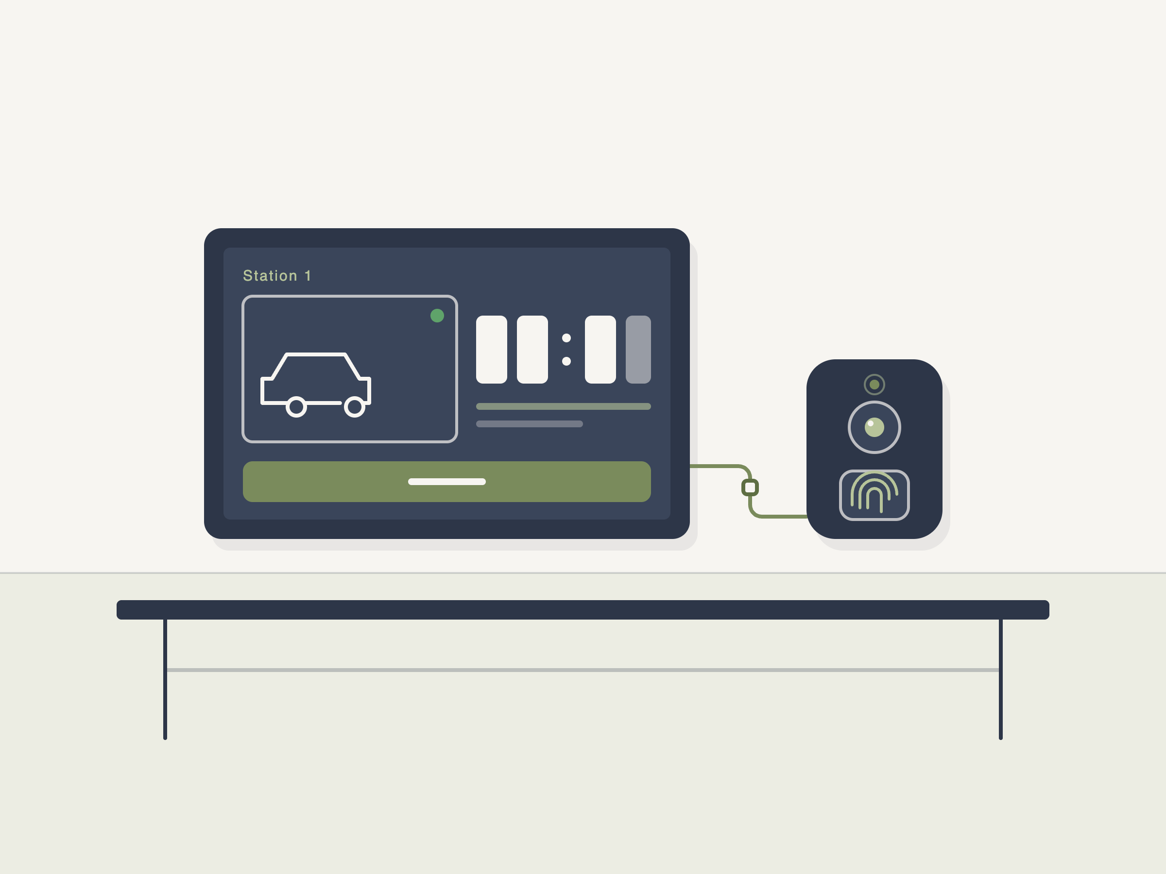 Schematische Darstellung einer Arbeitsstation: Bildschirm mit Fahrzeugkarte und Uhr, daneben ein Wandscanner mit Kamera und Fingerabdruck-Feld.